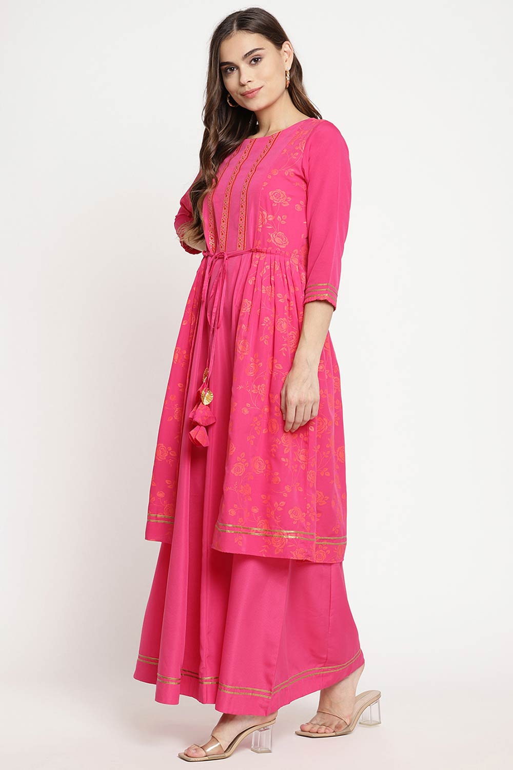 Women Dark Pink Crepe Khari Print Dress