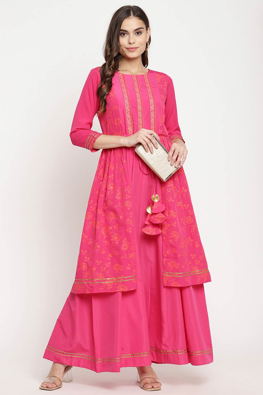 Women Dark Pink Crepe Khari Print Dress