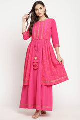 Women Dark Pink Crepe Khari Print Dress