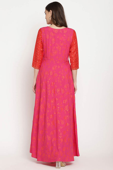 Women Dark Pink Crepe Khari Print Dress