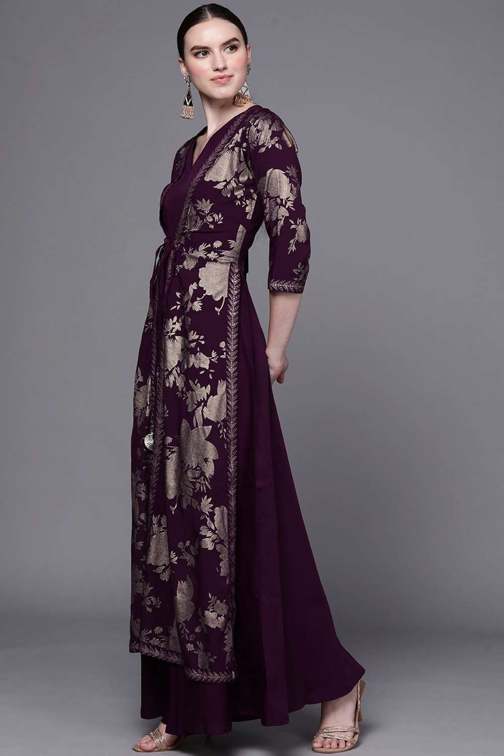 Buy Burgundy Crepe Floral Printed Maxi Dress Online - Front