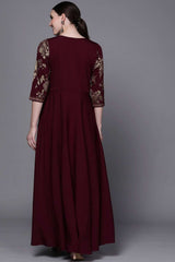 Buy Burgundy Crepe Floral Printed Maxi Dress Online - Side