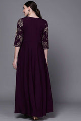 Buy Burgundy Crepe Floral Printed Maxi Dress Online - Zoom In