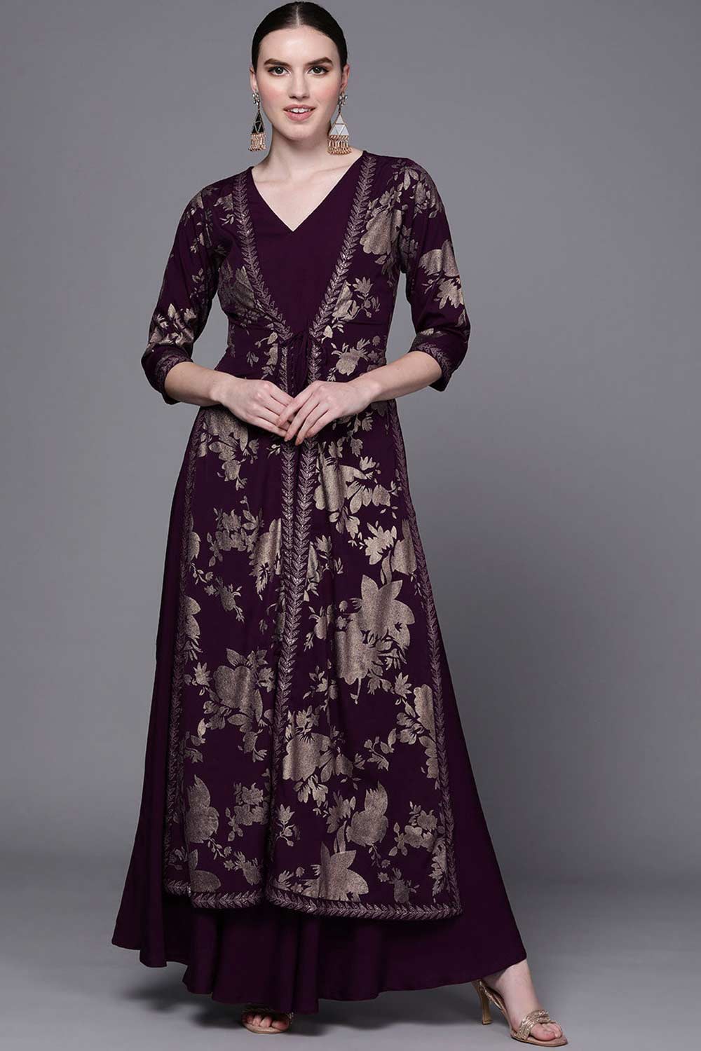 Buy Burgundy Crepe Floral Printed Maxi Dress Online
