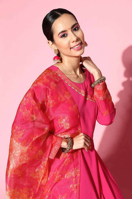 Buy Pink Crepe Solid Maxi Dress With Printed Dupatta Online - Back