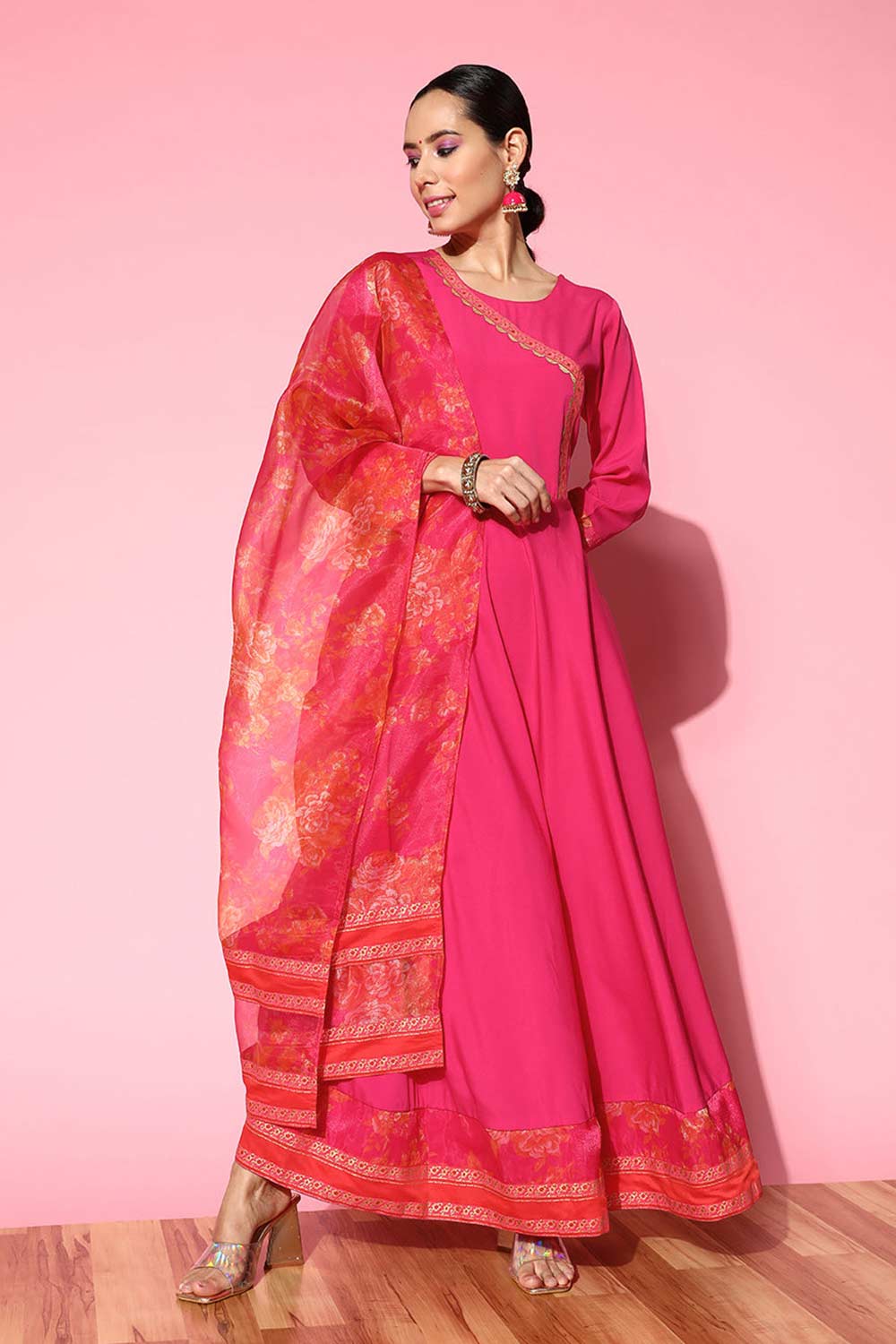 Buy Pink Crepe Solid Maxi Dress With Printed Dupatta Online - Front