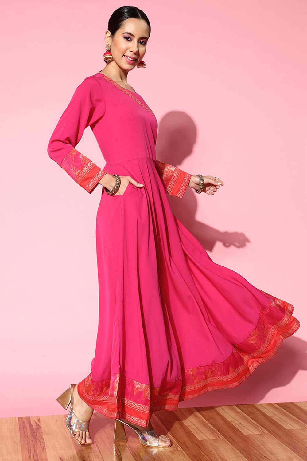 Buy Pink Crepe Solid Maxi Dress With Printed Dupatta Online - Side