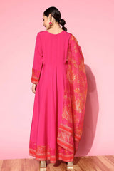 Buy Pink Crepe Solid Maxi Dress With Printed Dupatta Online - Zoom In