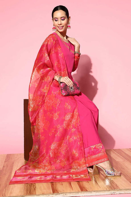 Buy Pink Crepe Solid Maxi Dress With Printed Dupatta Online