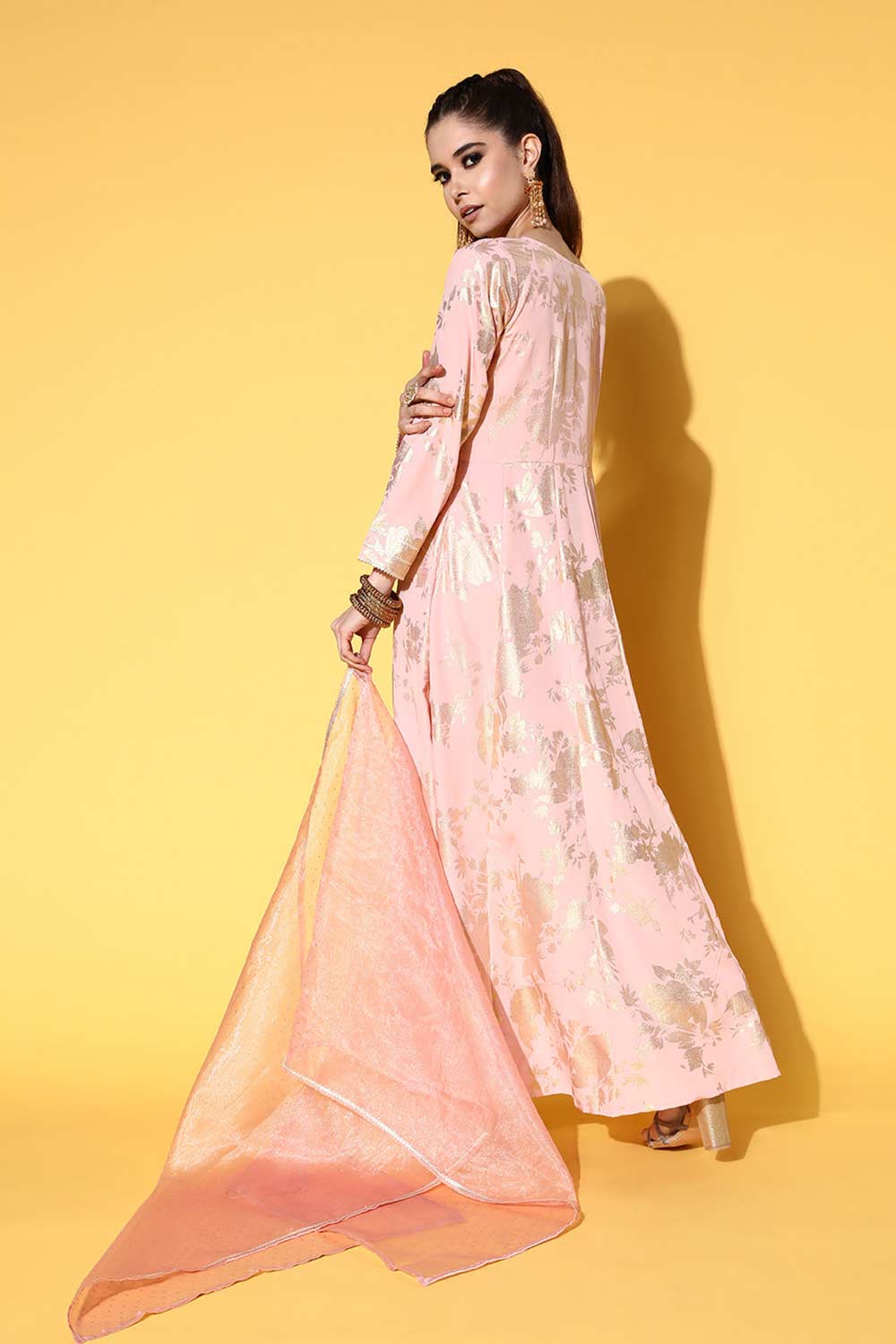 Buy Peach Crepe Gold Floral Printed Maxi Dress Online - Back