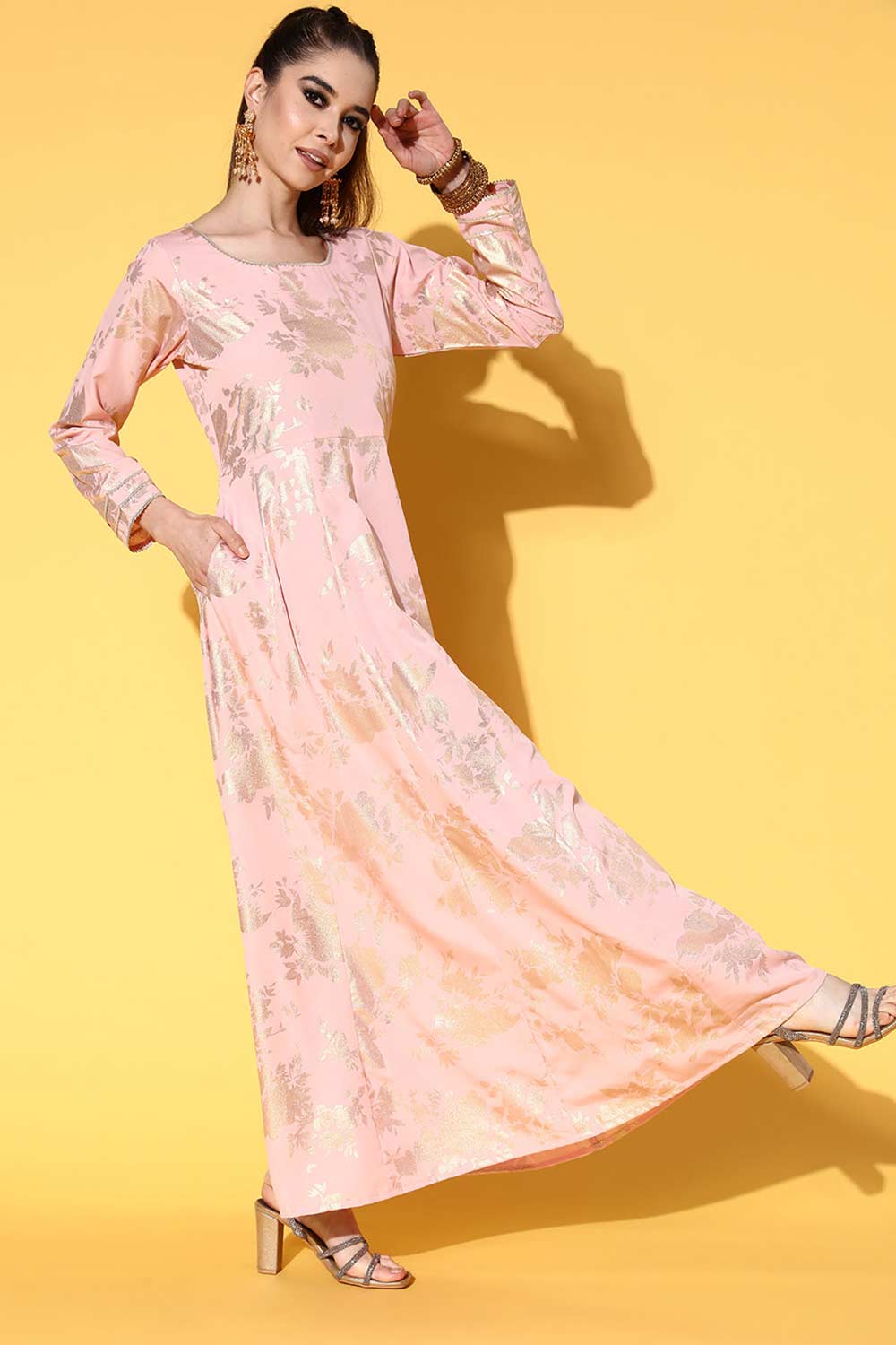 Buy Peach Crepe Gold Floral Printed Maxi Dress Online - Zoom In