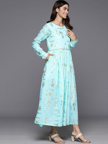 Women's Blue Cotton Printed Dress