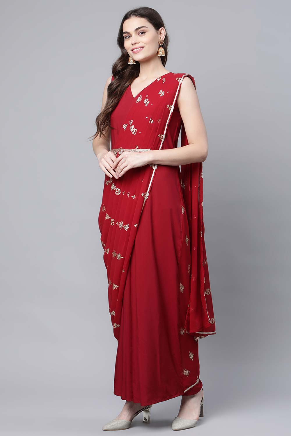 Maroon Crepe Georgette Printed Saree Dress With Printed Pallu