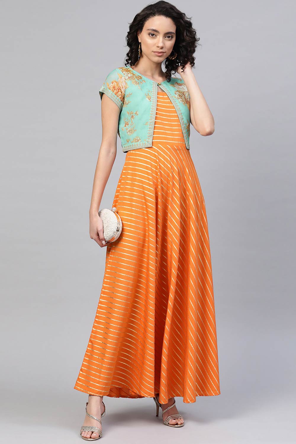 Women Orange Crepe Striped Kurta Top With Jacket