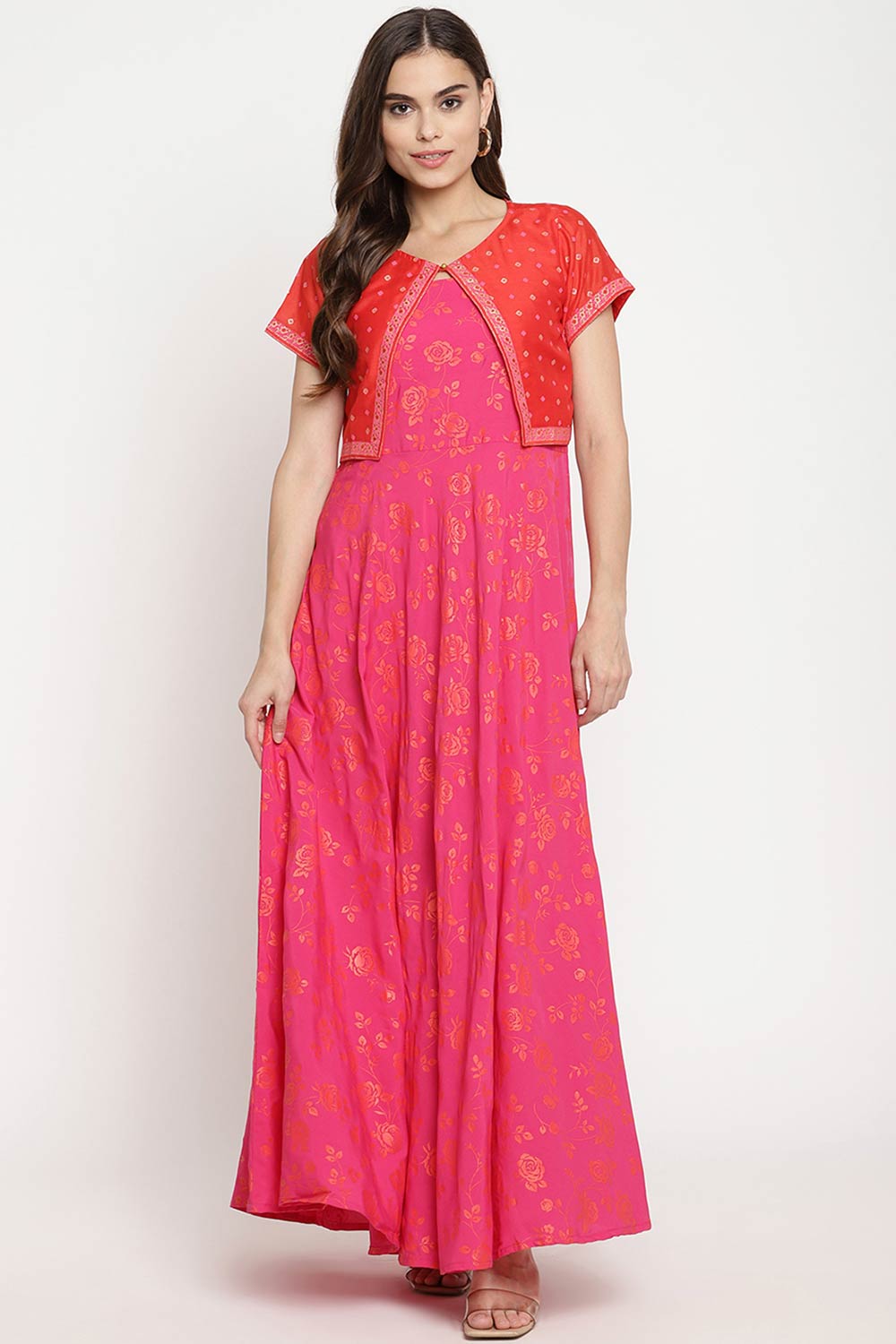 Pink Crepe Orange Khari Print Kurta With Jacket