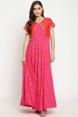 Pink Crepe Orange Khari Print Kurta With Jacket