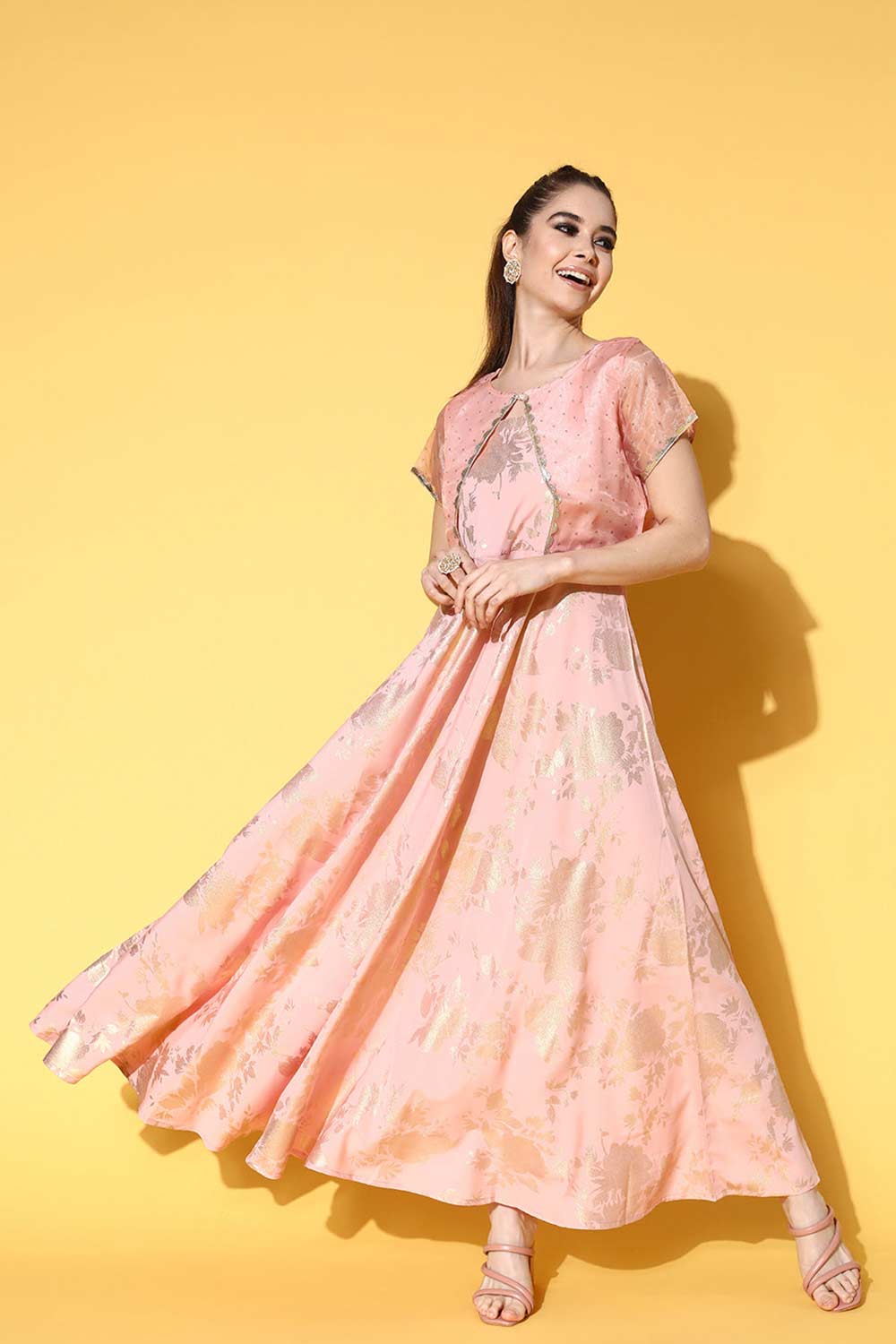 Buy Peach Crepe Floral Printed Maxi Dress Online - Front