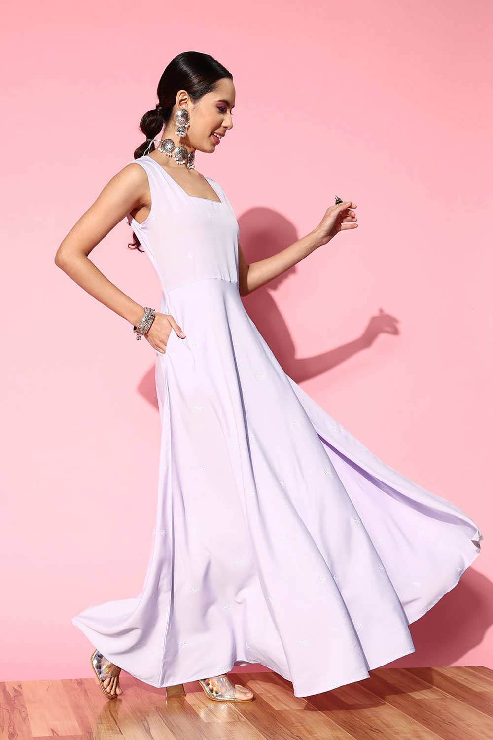 Buy Blue Crepe Ethnic Motifs Printed Maxi Dress Online - Side