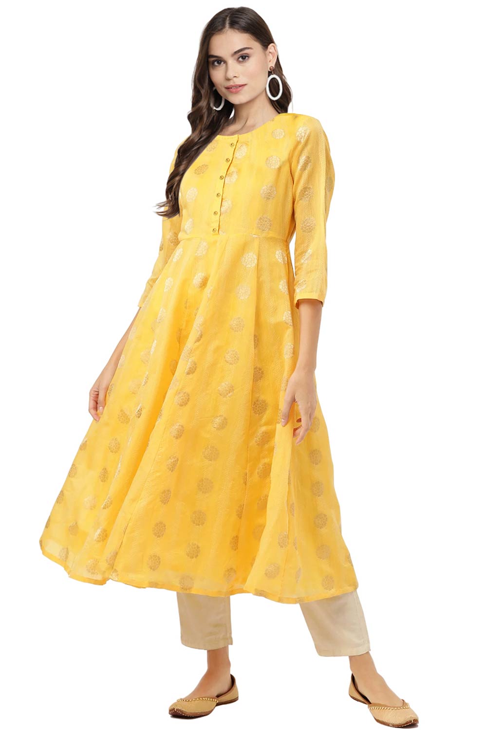 Women Yellow Chanderi Jacquard Woven Dress