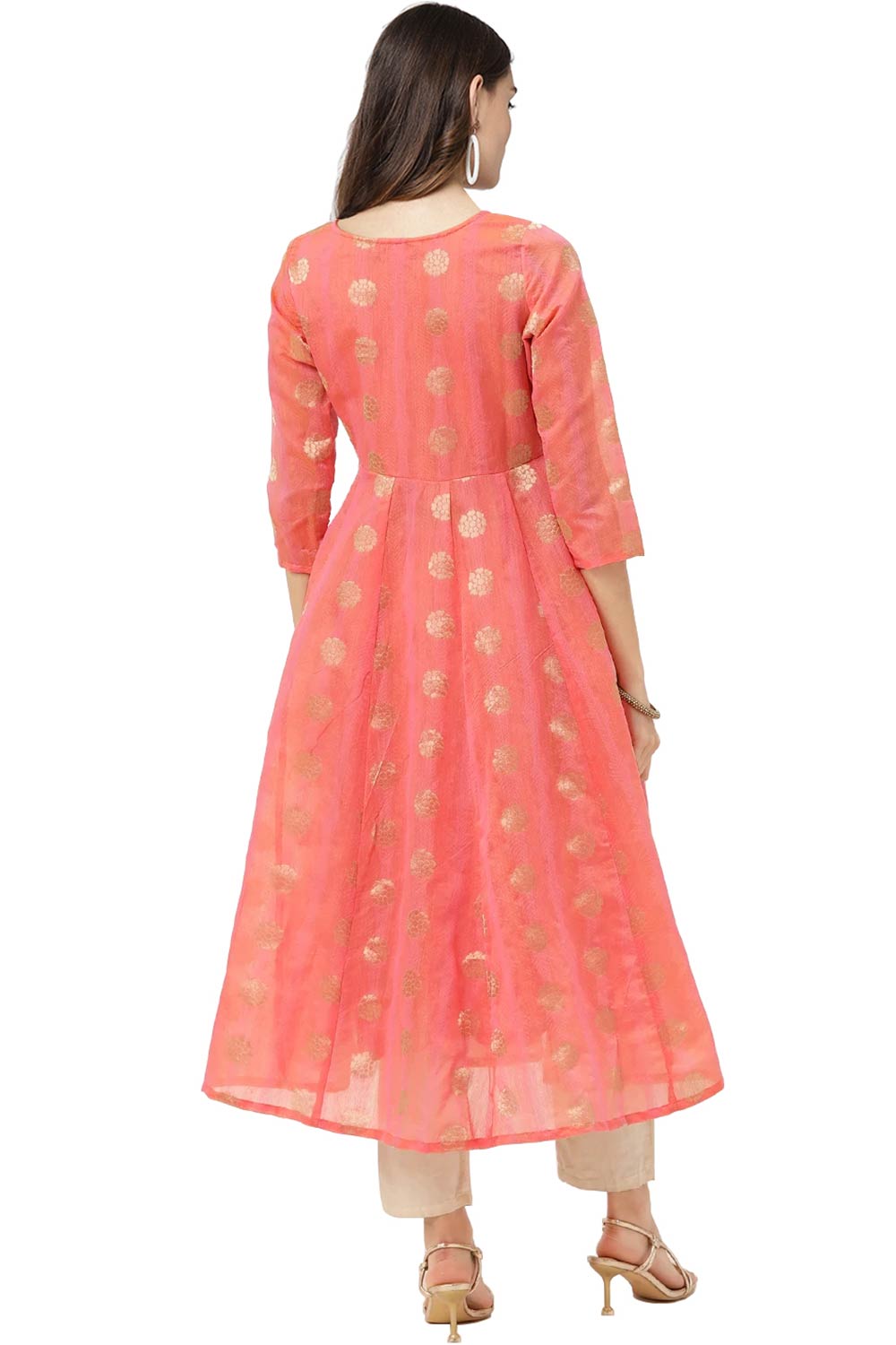 Women Peach Chanderi Jacquard Woven Dress