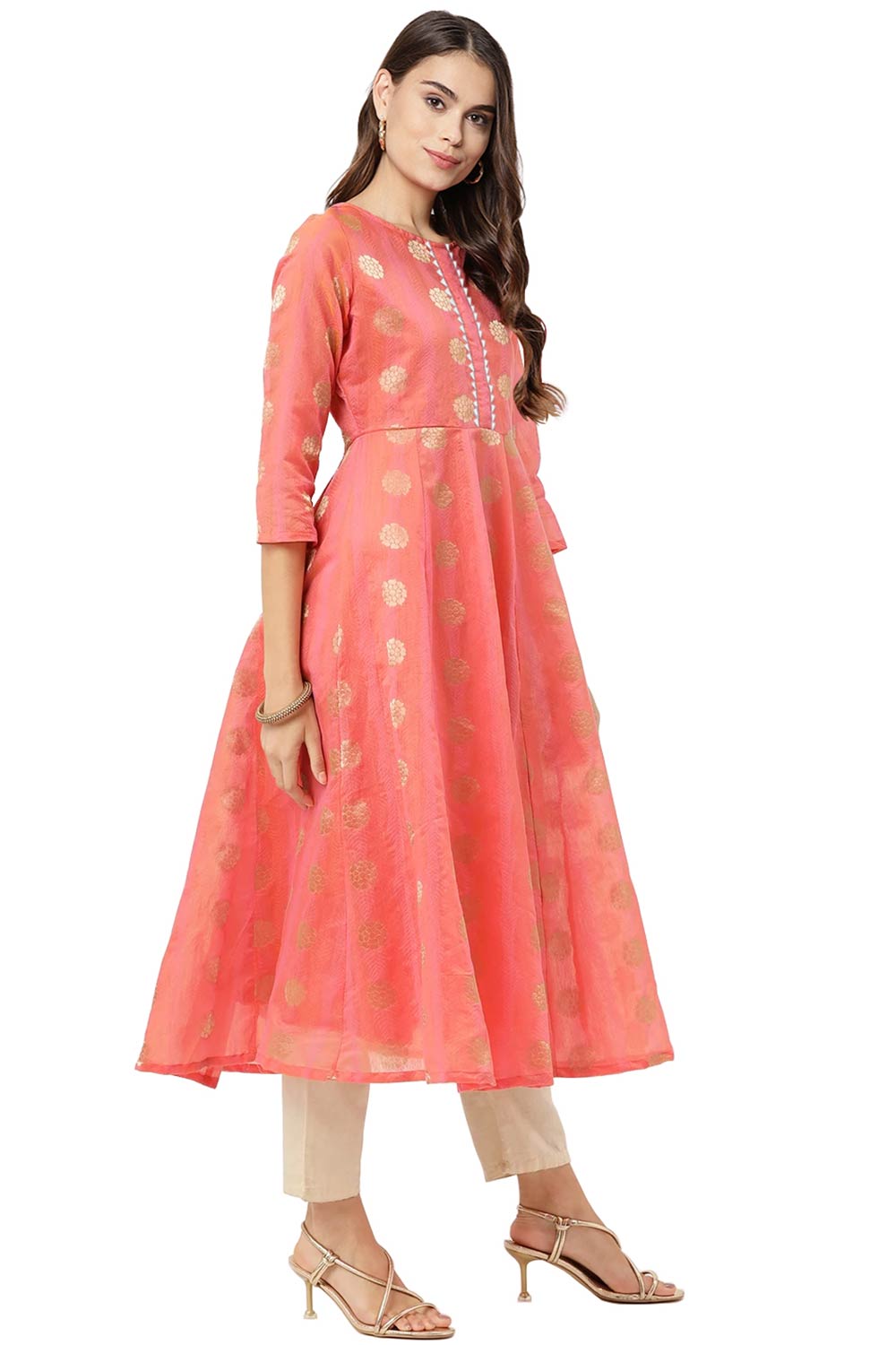 Women Peach Chanderi Jacquard Woven Dress