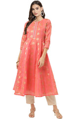 Women Peach Chanderi Jacquard Woven Dress