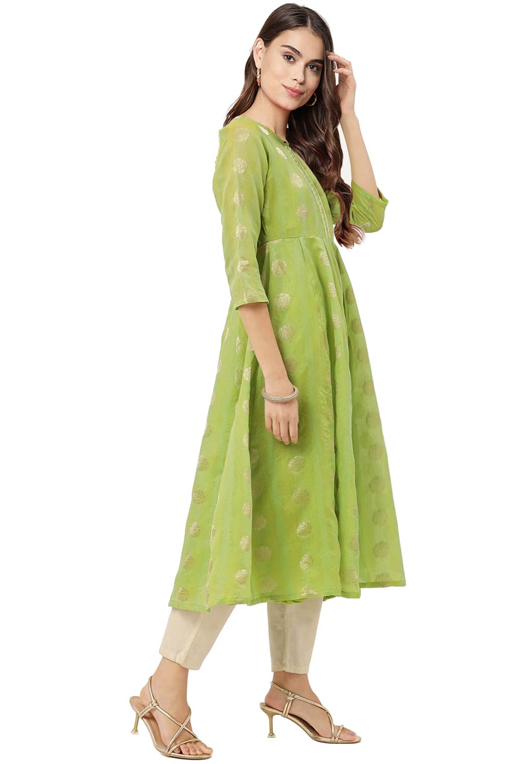 Women Green Chanderi Jacquard Woven Dress