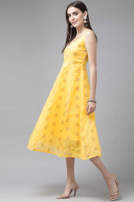 Buy yellow Chanderi Jacquard Etnnic Motif a-line midi Dress Online - Back
