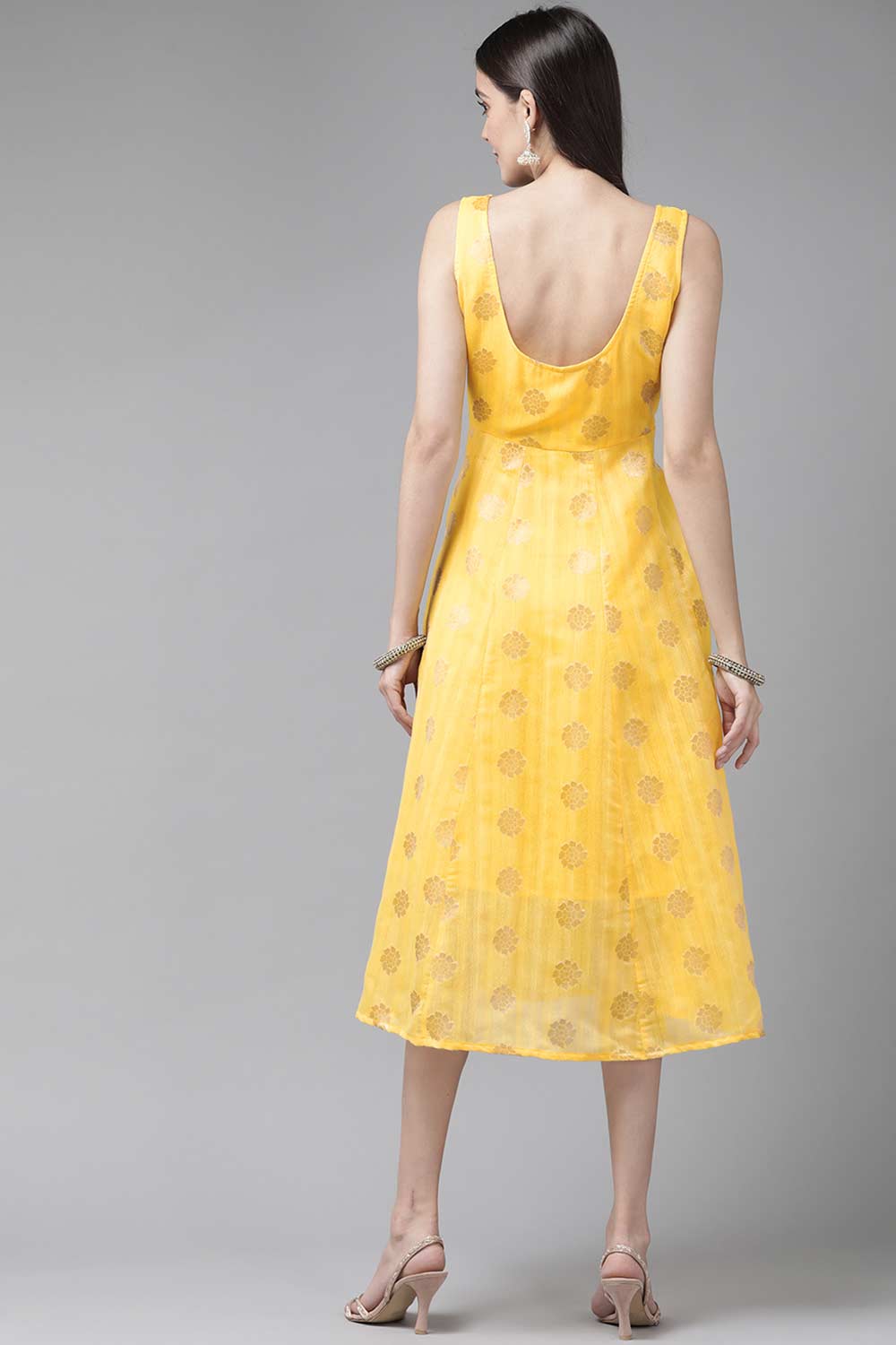 Buy yellow Chanderi Jacquard Etnnic Motif a-line midi Dress Online - Front