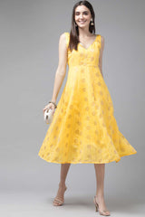 Buy yellow Chanderi Jacquard Etnnic Motif a-line midi Dress Online - Side