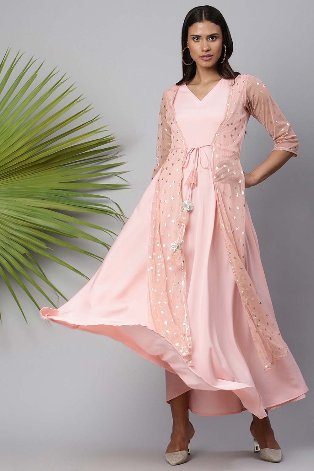 Pink Crepe & Net Foil Print Dress