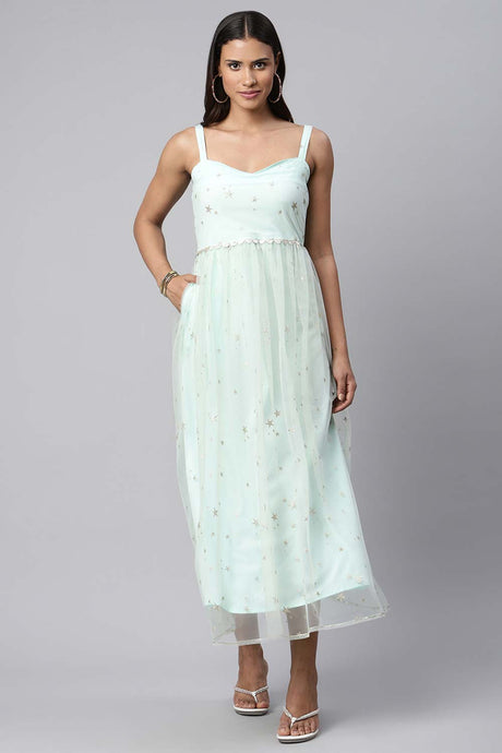 Summer Blue Net Glitter Printed Dress