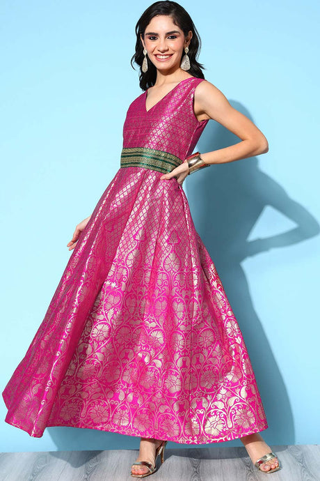 Pink Poly Silk Gold Printed Dress