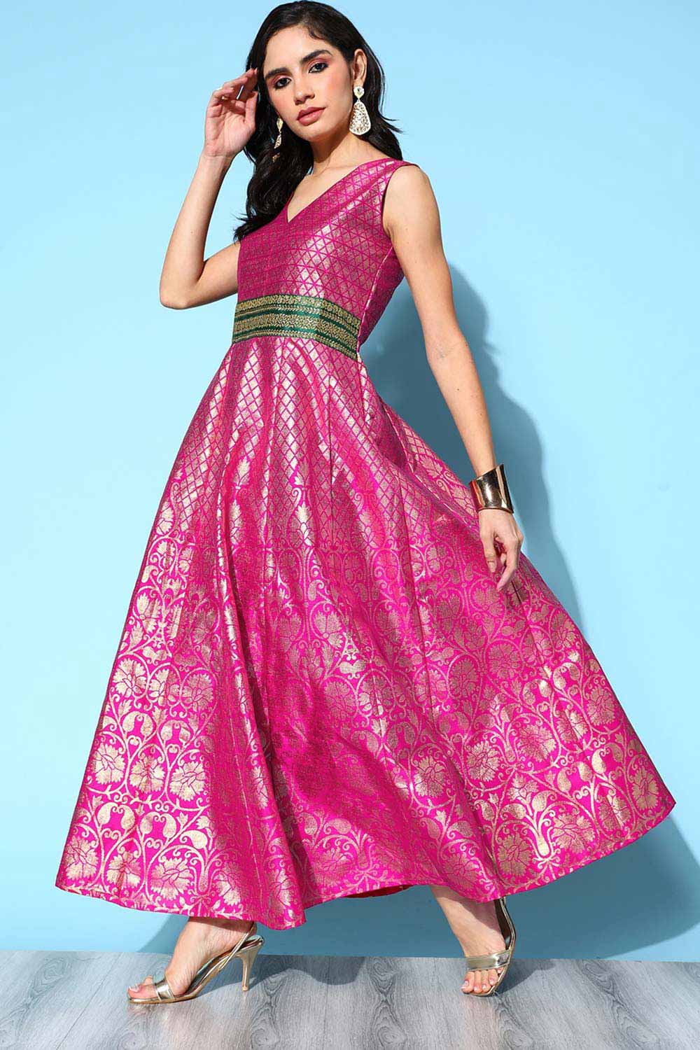 Pink Poly Silk Gold Printed Dress