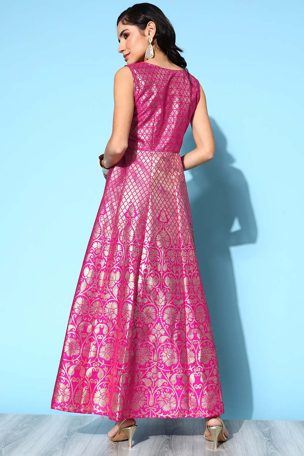 Pink Poly Silk Gold Printed Dress