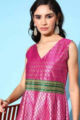 Pink Poly Silk Gold Printed Dress