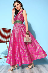 Pink Poly Silk Gold Printed Dress