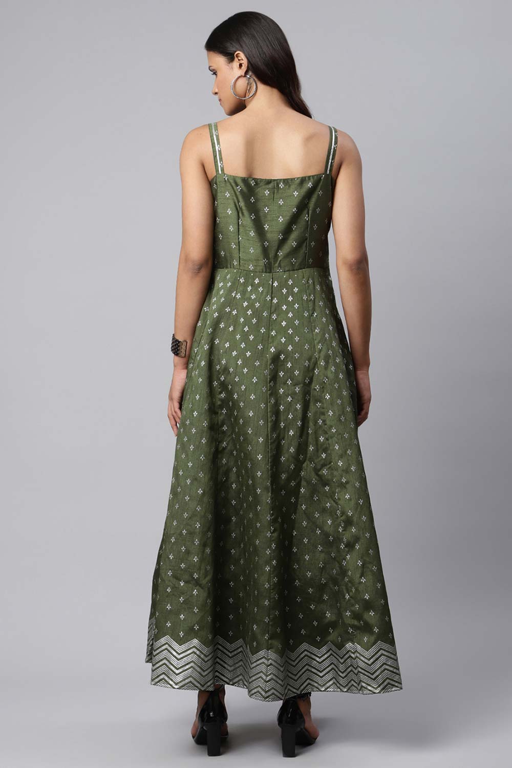 Olive Poly Silk Silver Foil Printed Dress