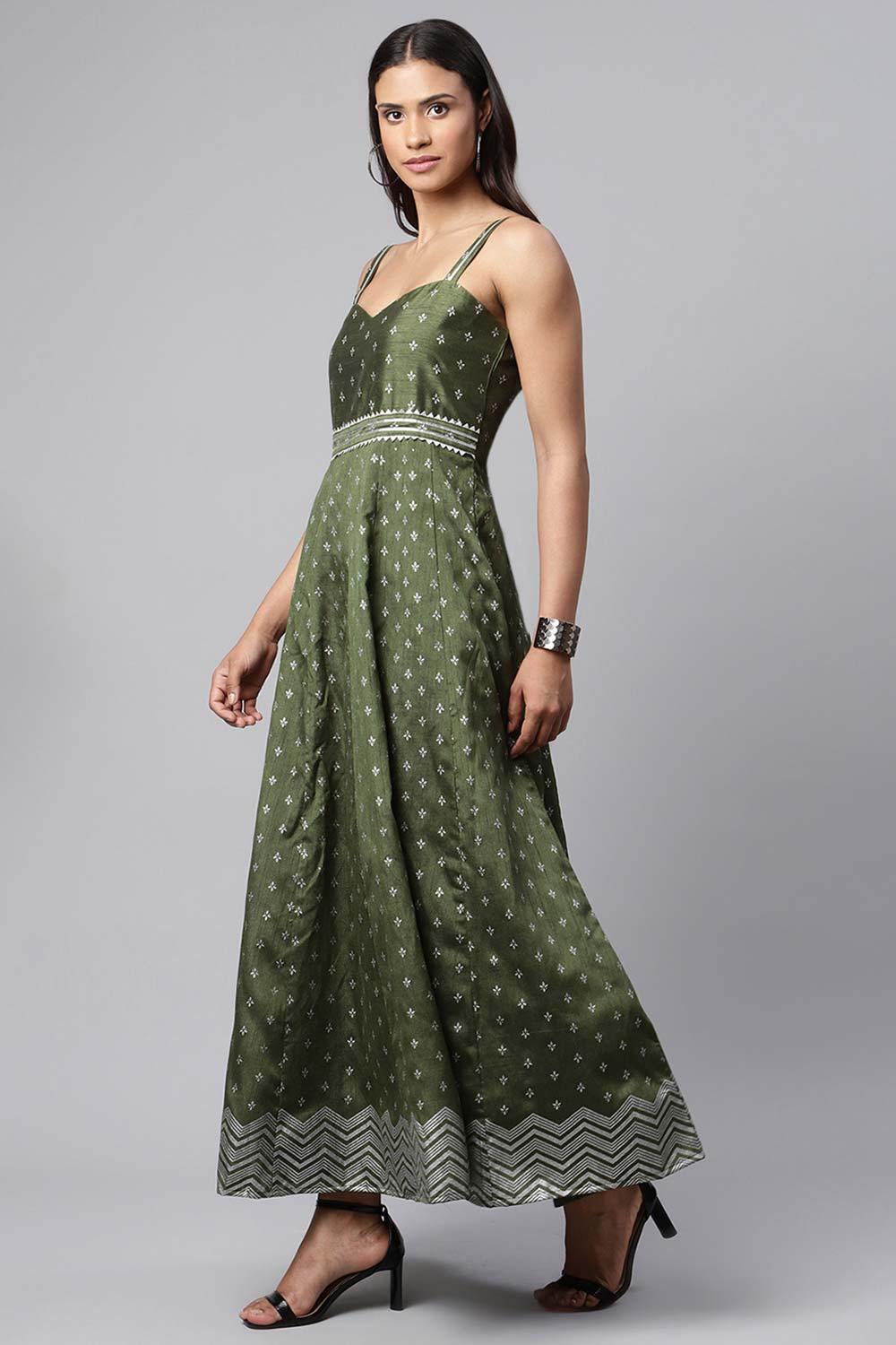 Olive Poly Silk Silver Foil Printed Dress