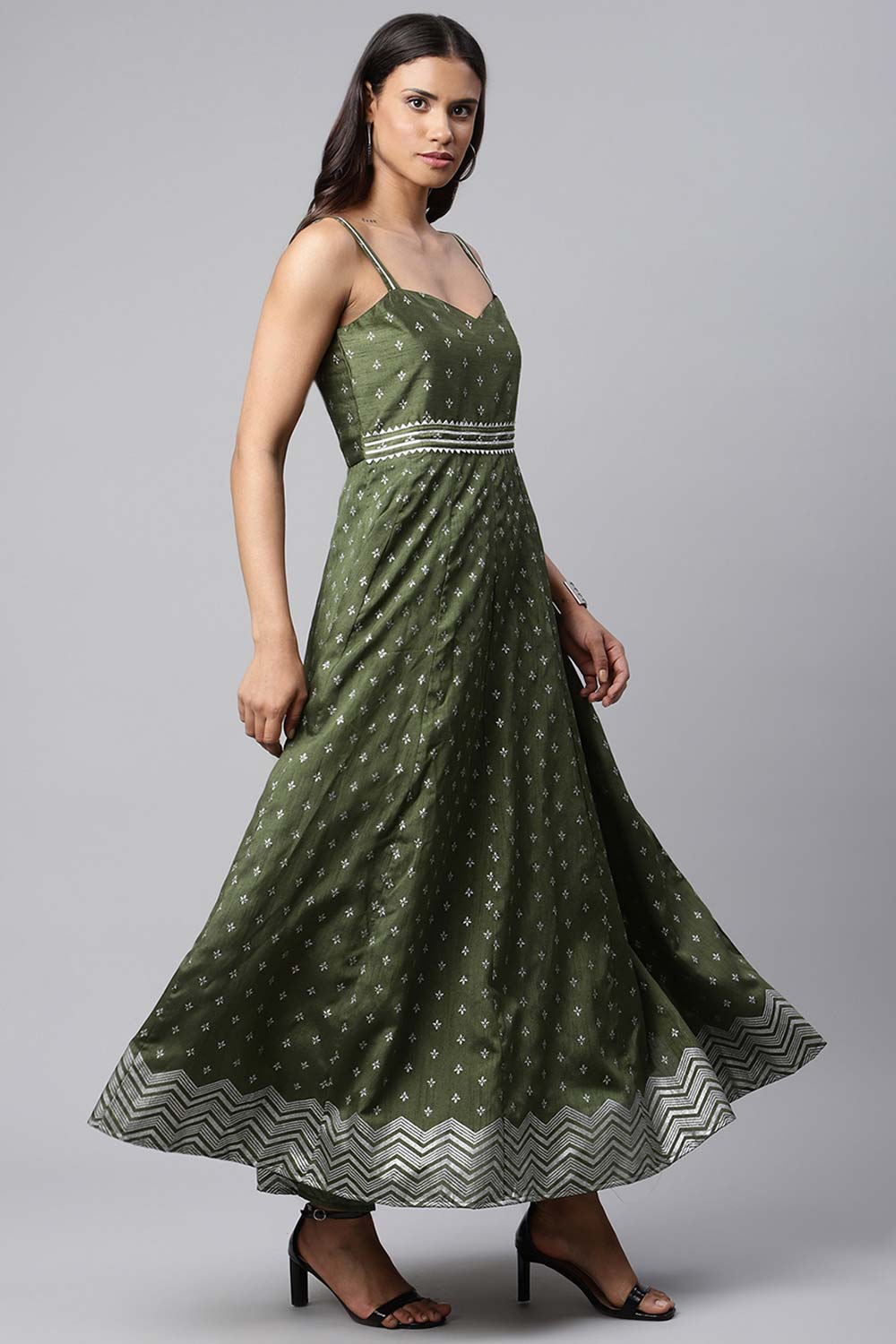 Olive Poly Silk Silver Foil Printed Dress