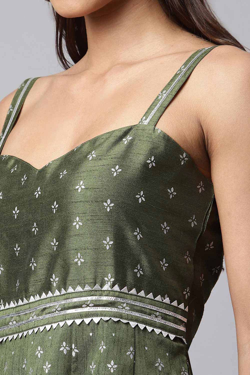 Olive Poly Silk Silver Foil Printed Dress