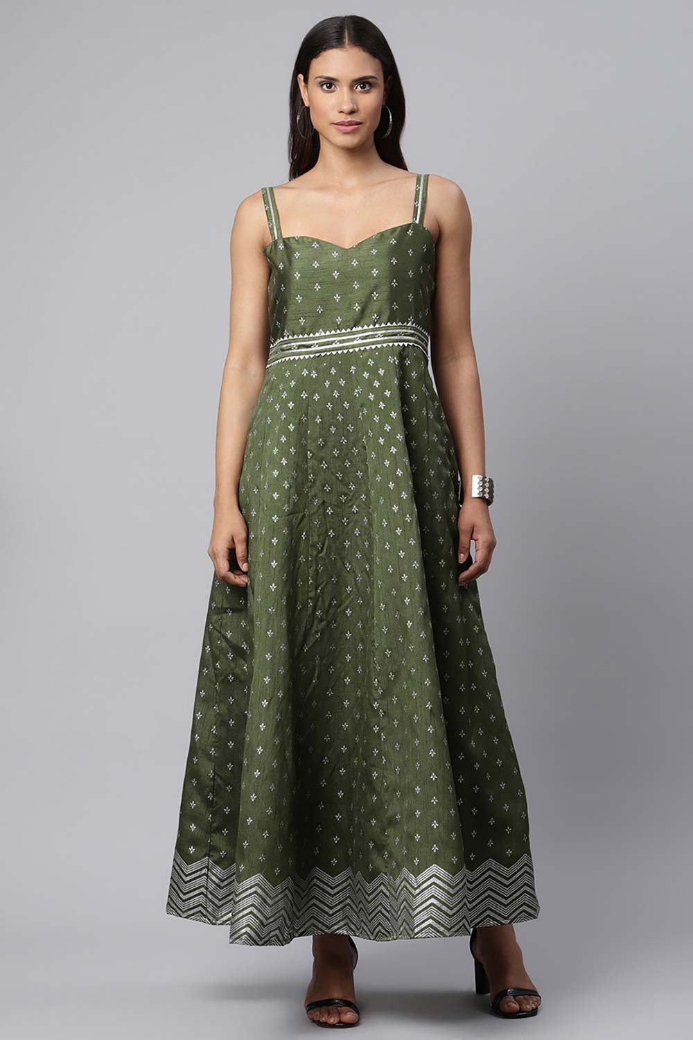 Olive Poly Silk Silver Foil Printed Dress