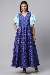 Royal Blue Poly Silk Gold Paste Printed Dress