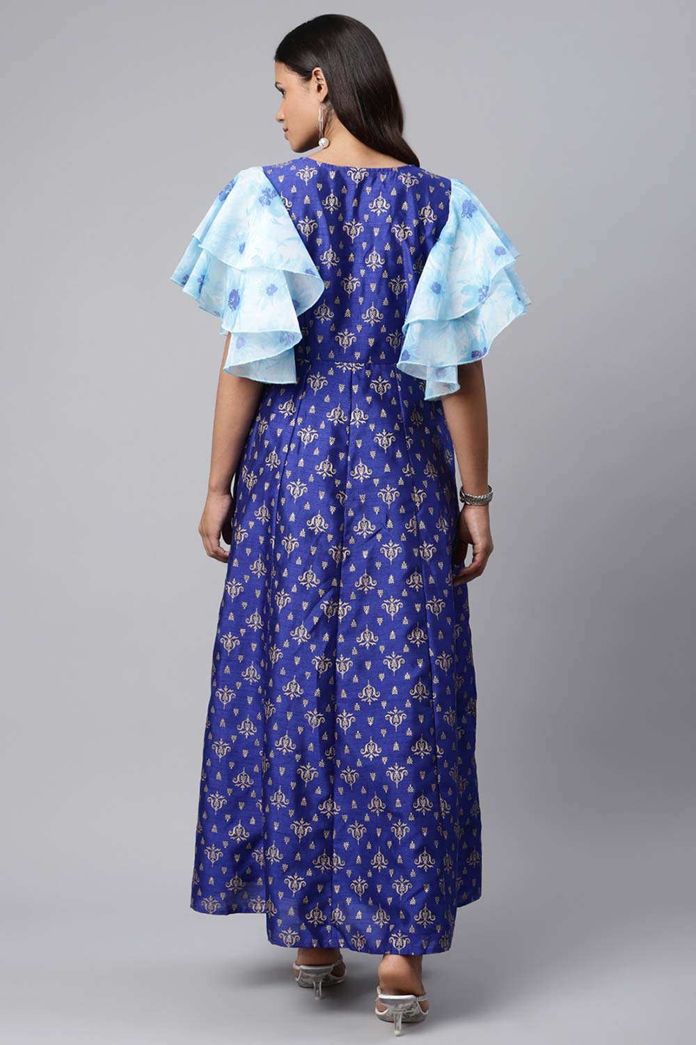 Royal Blue Poly Silk Gold Paste Printed Dress