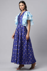 Royal Blue Poly Silk Gold Paste Printed Dress