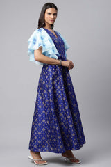 Royal Blue Poly Silk Gold Paste Printed Dress