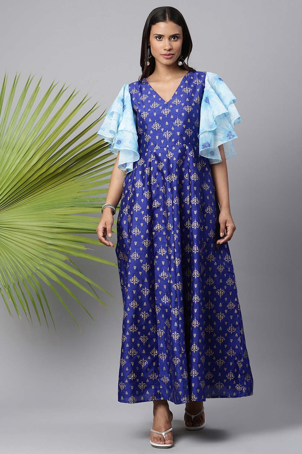 Royal Blue Poly Silk Gold Paste Printed Dress