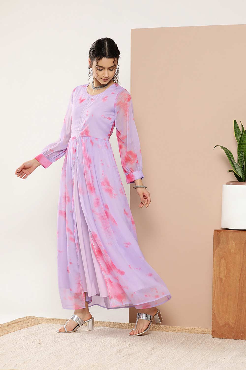 Buy Lavender Chiffon Abstract Printed Maxi Dress Online - Back
