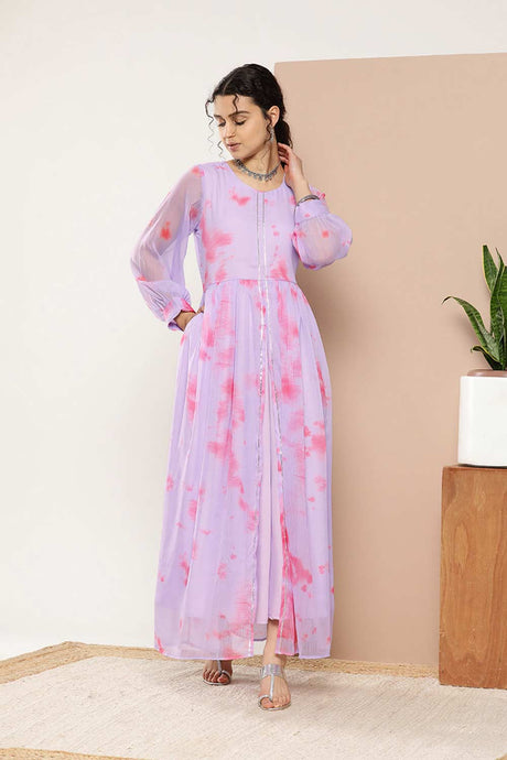 Buy Lavender Chiffon Abstract Printed Maxi Dress Online