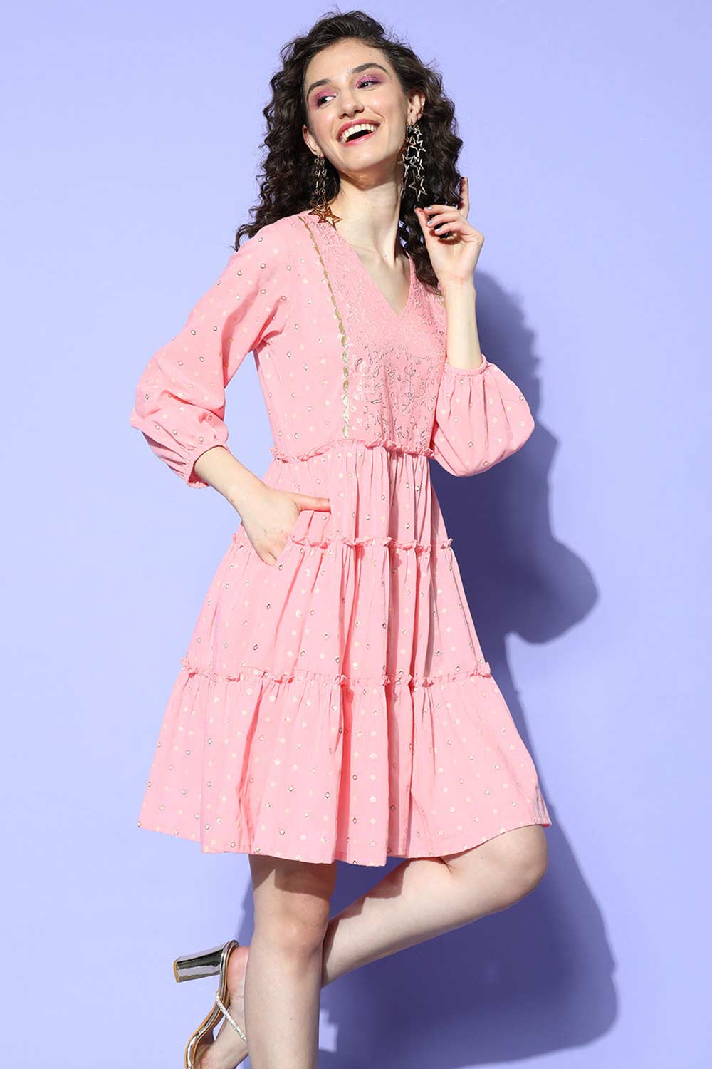 Buy Baby Pink Cotton Geometric Printed midi Dresses Online - Side